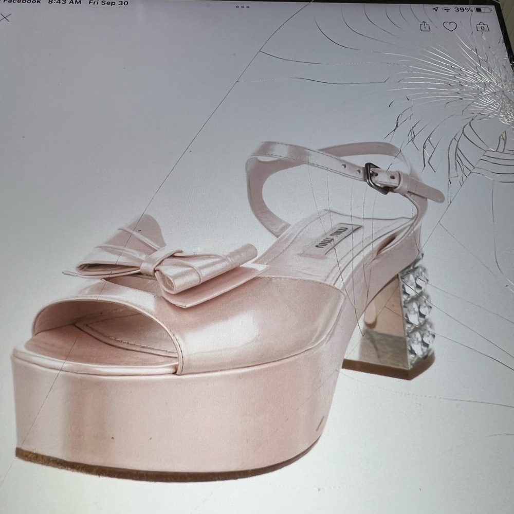 Miu Miu Pink Platform Sandals Block Heel Crystals… - image 1